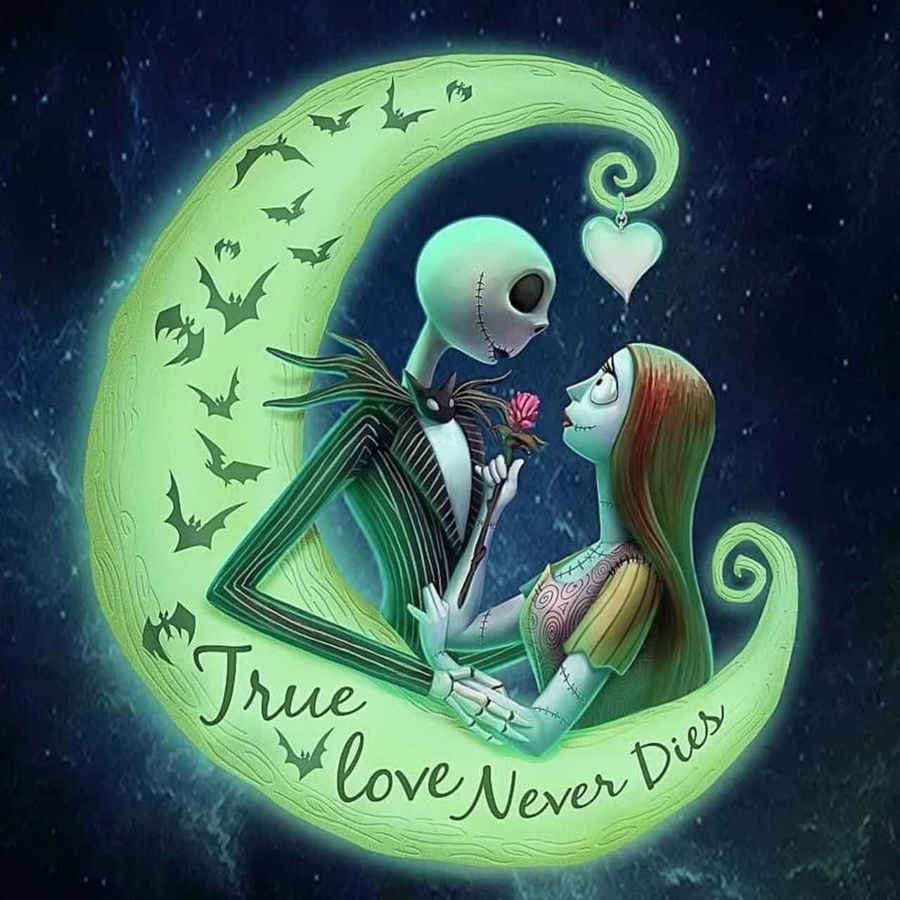 5D DIY Full Drill Diamond Painting by Number Kits for Adluts, The Nightmare Before Christmas Halloween Jack and Sally with Moon, Diamond Art Kits Craft Home Decor, 13.7 X 13.7 Inch